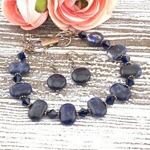 Dark Blue Sodalite Stone Sterling Silver 925 Bracelet Earrings Set J521